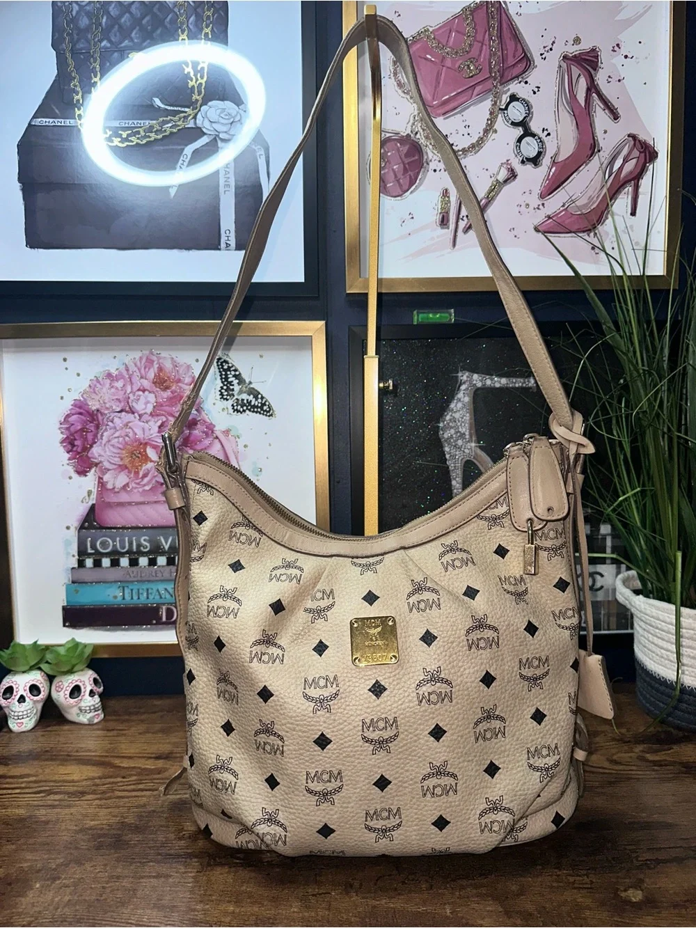 MCM Visetos Hobo Shoulder Bag Beige Cognac Leather Gold Hardware Padlock Key